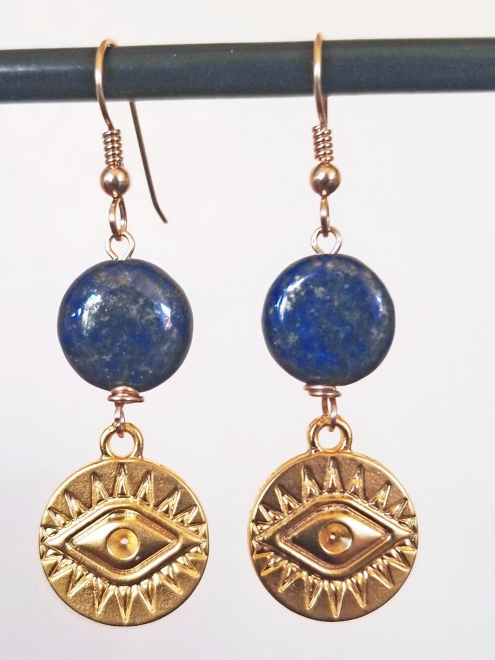 14k Gold Filled Navy Blue Lapis Lazuli Evil Eye Dangle Earrings